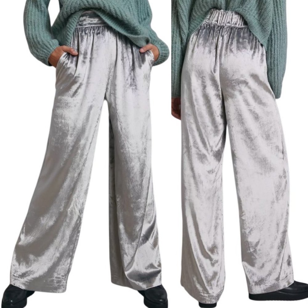 Anthropologie Maeve Anastacia Velvet High Rise Wide-Leg Pants in Silver Size M